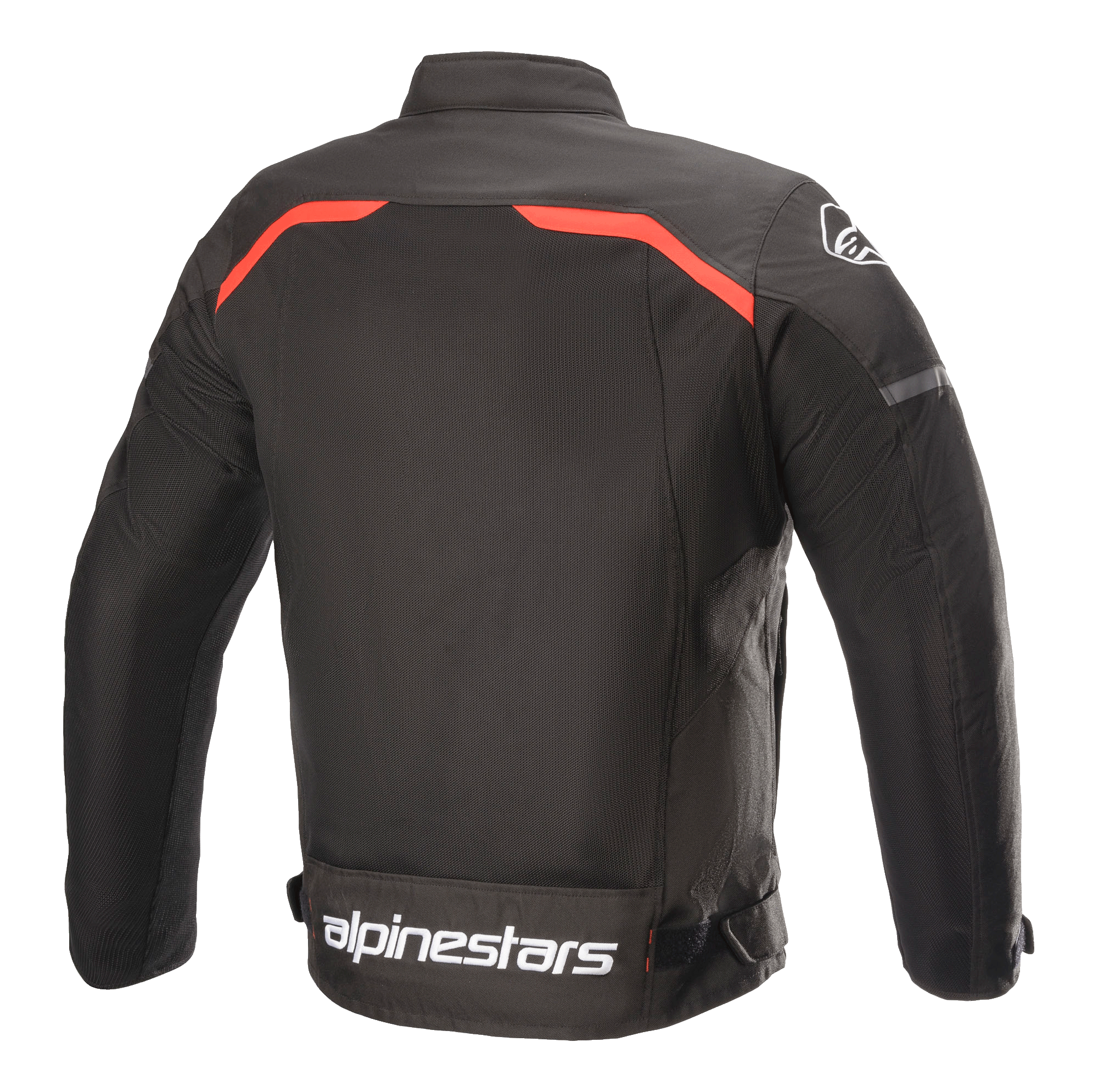Veste Alpinestars T-SPS Superair, veste de moto en textile, noir avec accents rouge vif, vue arrière présentant de larges panneaux de ventilation en mesh, liserés rouges sur les épaules et logo Alpinestars blanc imposant dans le bas du dos.