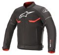 Alpinestars T-SPS Superair Jacket, veste de moto en textile, noire avec accents rouge vif et blancs, panneaux de ventilation en mesh, logo Astars blanc sur la poitrine et les épaules, doublure intérieure rouge