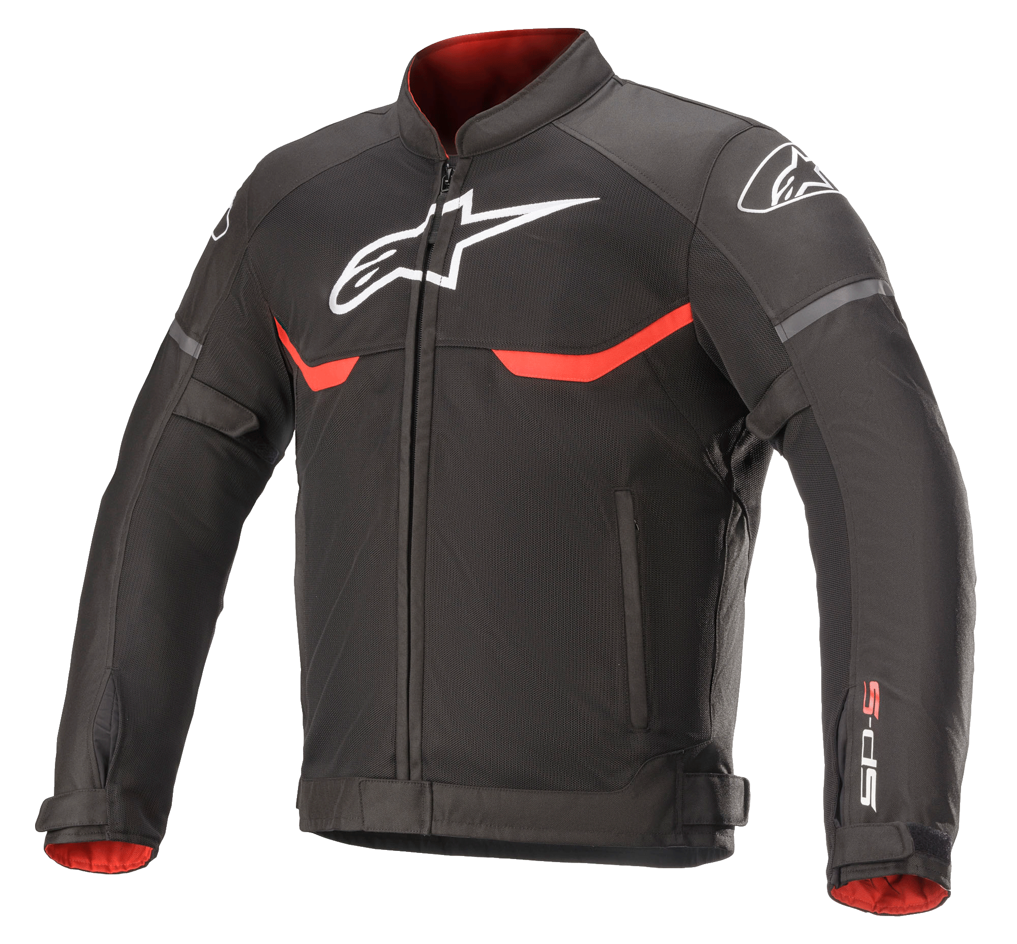 Alpinestars T-SPS Superair Jacket, veste de moto en textile, noire avec accents rouge vif et blancs, panneaux de ventilation en mesh, logo Astars blanc sur la poitrine et les épaules, doublure intérieure rouge