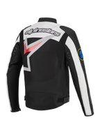 Veste Alpinestars Axton, veste de moto, noir, blanc cassé et rouge vif, vue arrière présentant un grand logo Alpinestars enveloppant, des panneaux stretch accordéon aux épaules et des détails d'œillets métalliques, esthétique de course d'inspiration vintage