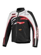 Veste Alpinestars Axton, veste de moto, noir, blanc cassé et rouge vif, design d'inspiration racing vintage avec logo Alpinestars enveloppant, construction en textile et cuir, poches zippées et col motard