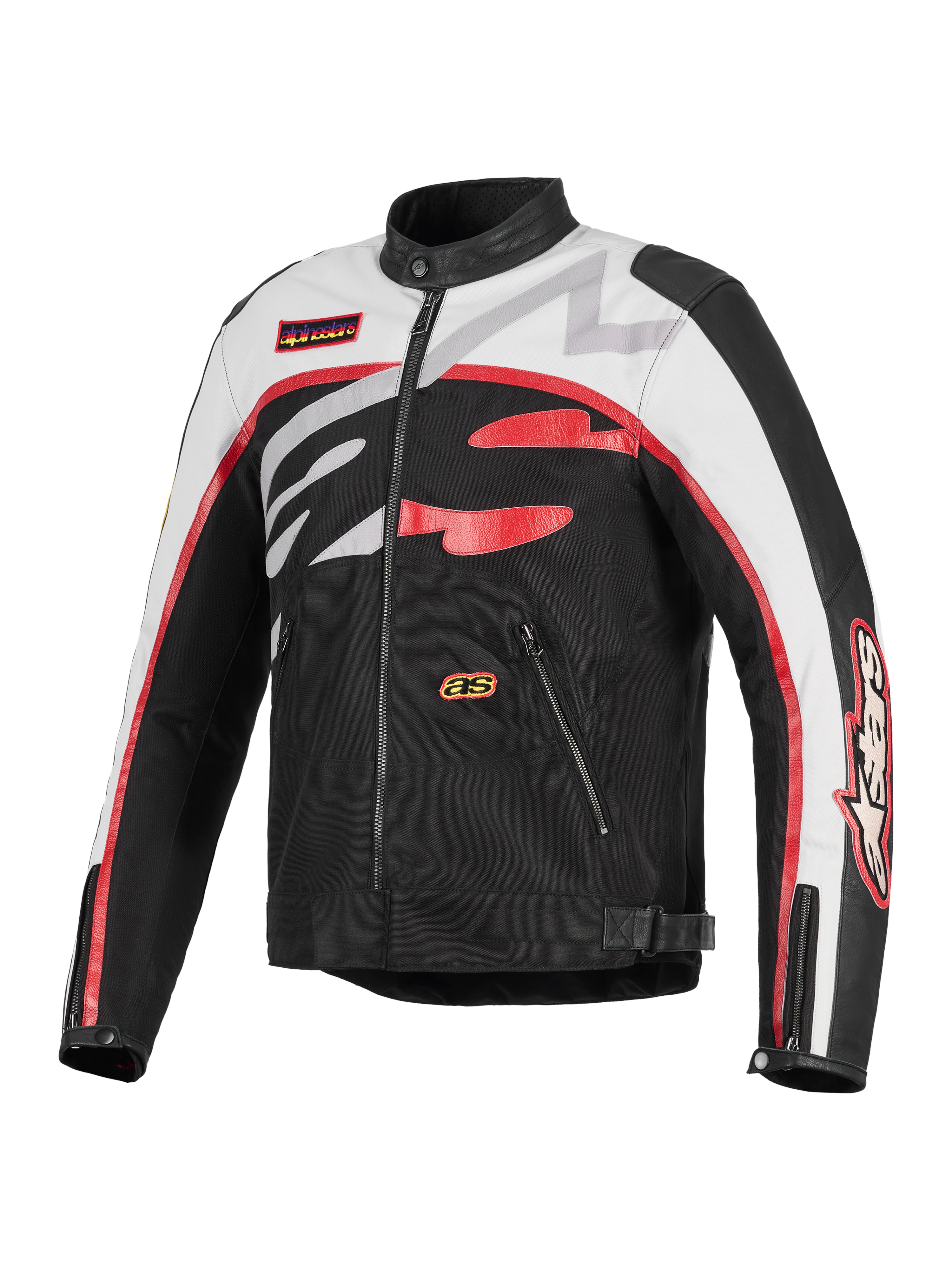 Veste Alpinestars Axton, veste de moto, noir, blanc cassé et rouge vif, design d'inspiration racing vintage avec logo Alpinestars enveloppant, construction en textile et cuir, poches zippées et col motard