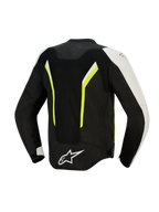 Veste Alpinestars AST V3 Air, vue arrière, noir, argent et jaune fluo, veste de moto en textile avec grands panneaux en maille pour la circulation de l'air, accents fluorescents et logo blanc en bas du dos