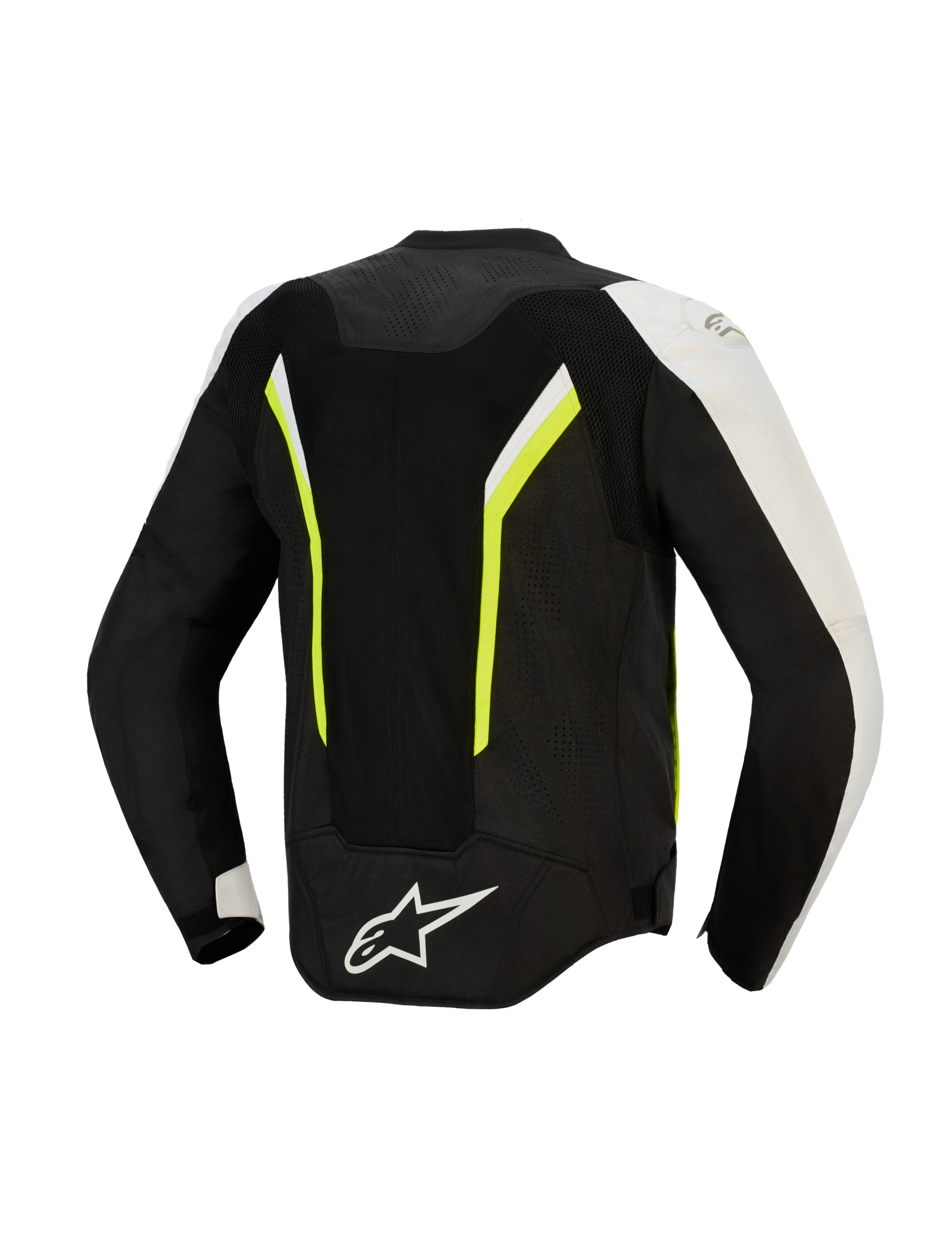 Veste Alpinestars AST V3 Air, vue arrière, noir, argent et jaune fluo, veste de moto en textile avec grands panneaux en maille pour la circulation de l'air, accents fluorescents et logo blanc en bas du dos