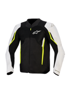 Veste Alpinestars AST V3 Air, veste de moto en textile ventilée, noir, argent et jaune fluo, vue de face présentant des panneaux de ventilation en mesh, manches blanches avec accents jaune fluo et logo Alpinestars sur la poitrine, design sport-performance pour le pilotage par temps chaud