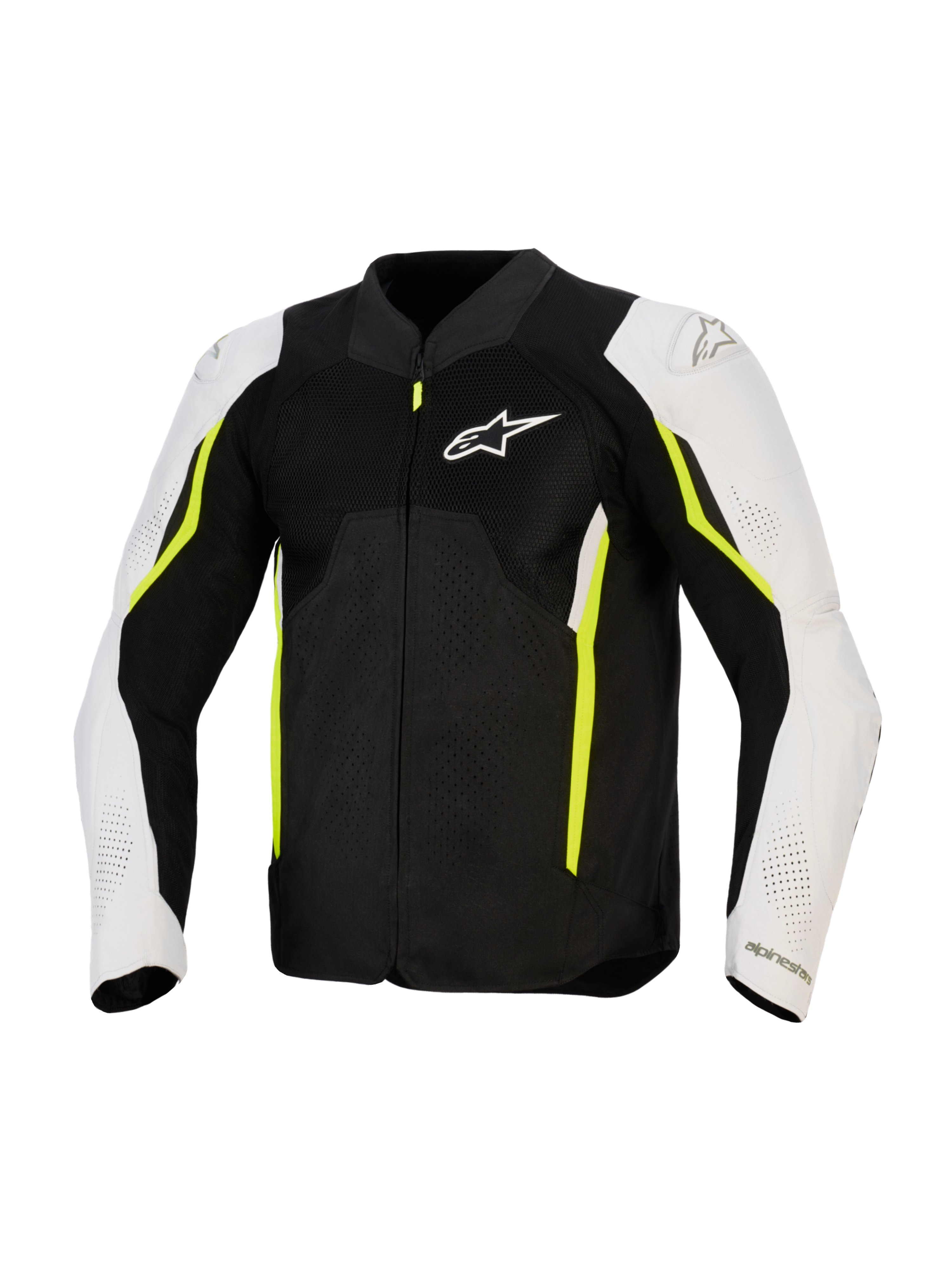 Veste Alpinestars AST V3 Air, veste de moto en textile ventilée, noir, argent et jaune fluo, vue de face présentant des panneaux de ventilation en mesh, manches blanches avec accents jaune fluo et logo Alpinestars sur la poitrine, design sport-performance pour le pilotage par temps chaud