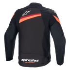 Veste Alpinestars T-GP Plus R V4, vue arrière, noir et rouge fluo, veste de moto sport en textile, avec logo Alpinestars blanc en haut du dos et marquage sur l'ourlet inférieur, bandes rouges diagonales sur les épaules et le dos, manches pré-courbées.
