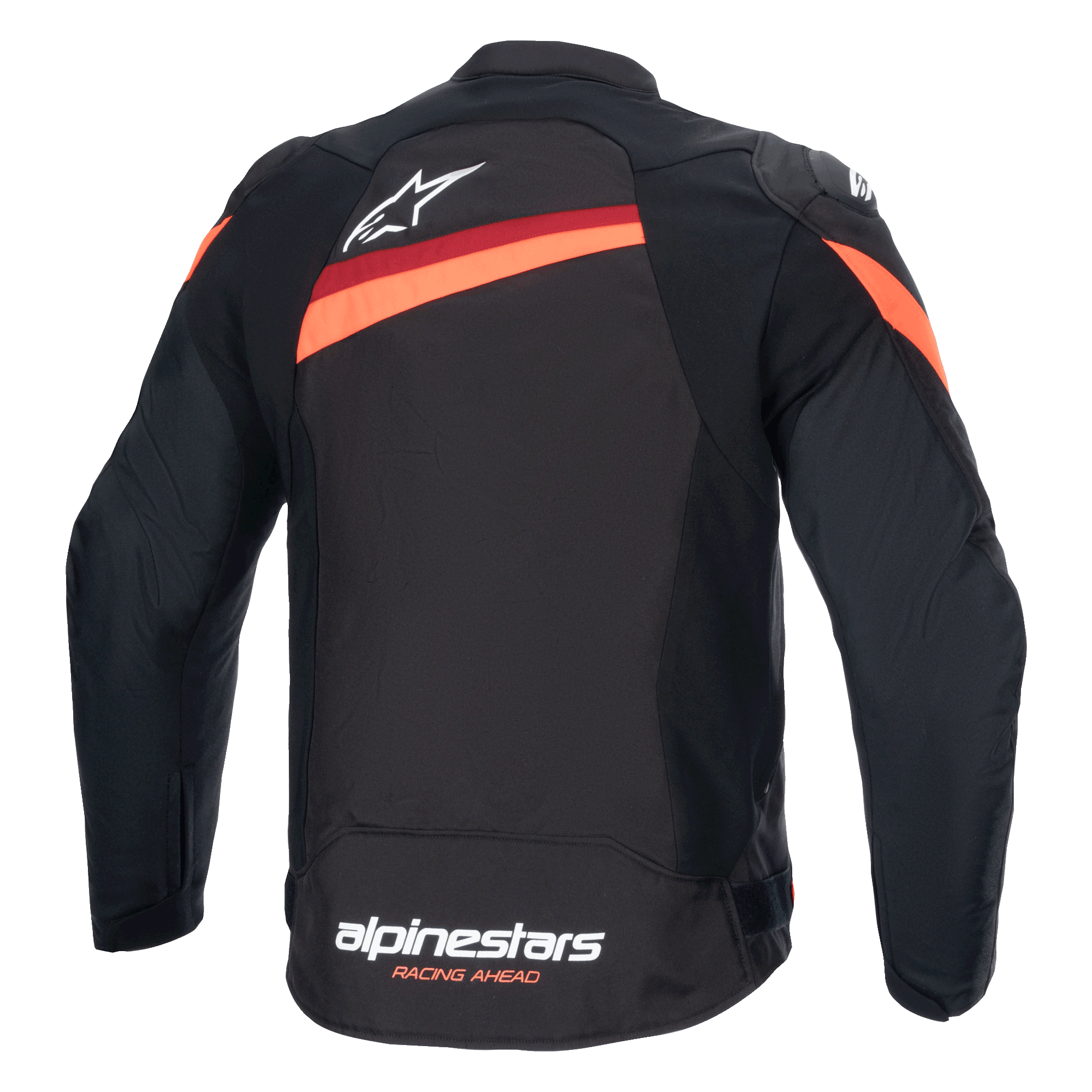 Veste Alpinestars T-GP Plus R V4, vue arrière, noir et rouge fluo, veste de moto sport en textile, avec logo Alpinestars blanc en haut du dos et marquage sur l'ourlet inférieur, bandes rouges diagonales sur les épaules et le dos, manches pré-courbées.