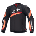 Alpinestars T-GP Plus R V4, veste de moto noire avec bandes rouges et orange fluo, grand logo blanc sur la poitrine, design textile sportif avec doublure de col rouge et manches logotées, équipement de conduite sportive haute performance