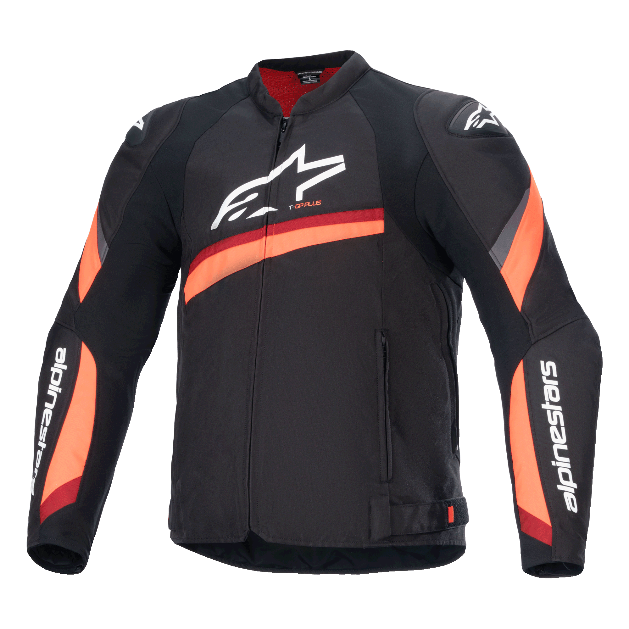 Alpinestars T-GP Plus R V4, veste de moto noire avec bandes rouges et orange fluo, grand logo blanc sur la poitrine, design textile sportif avec doublure de col rouge et manches logotées, équipement de conduite sportive haute performance