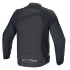 Veste Alpinestars T-GP Plus R V4, veste de moto en textile, noir et noir, vue arrière montrant le logo Alpinestars et le slogan « Racing Ahead », coupe sport avec protections d'épaules DFS Lite et construction durable en poly-tissu.