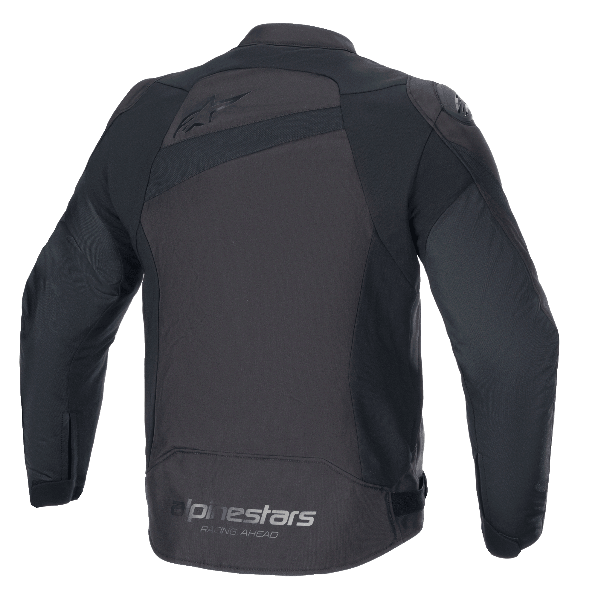 Veste Alpinestars T-GP Plus R V4, veste de moto en textile, noir et noir, vue arrière montrant le logo Alpinestars et le slogan « Racing Ahead », coupe sport avec protections d'épaules DFS Lite et construction durable en poly-tissu.