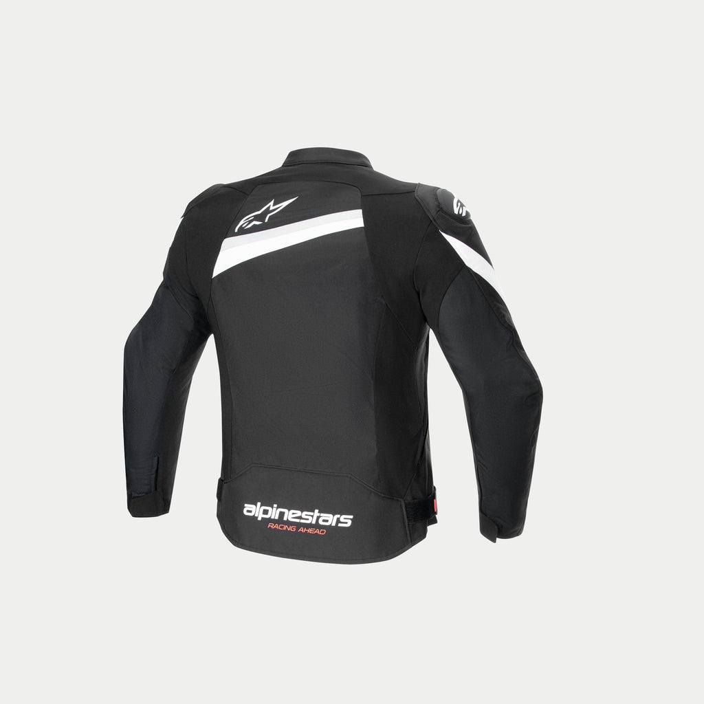 Alpinestars Veste T-GP Plus R V4, veste de moto en textile noire et blanche, vue de dos avec manches pré-courbées et logos de la marque