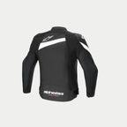 Alpinestars Veste T-GP Plus R V4, veste de moto en textile noire et blanche, vue de dos avec manches pré-courbées et logos de la marque