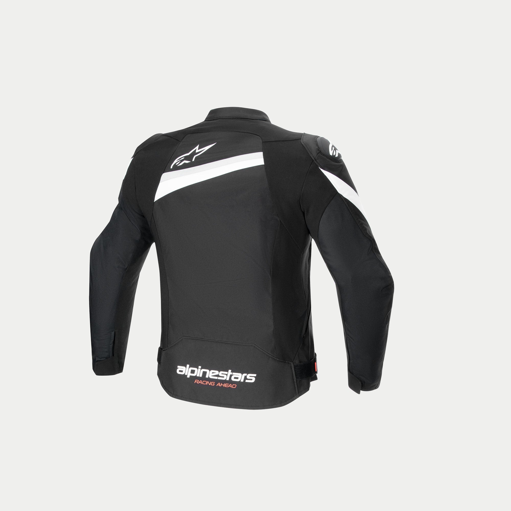 Alpinestars Veste T-GP Plus R V4, veste de moto en textile noire et blanche, vue de dos avec manches pré-courbées et logos de la marque