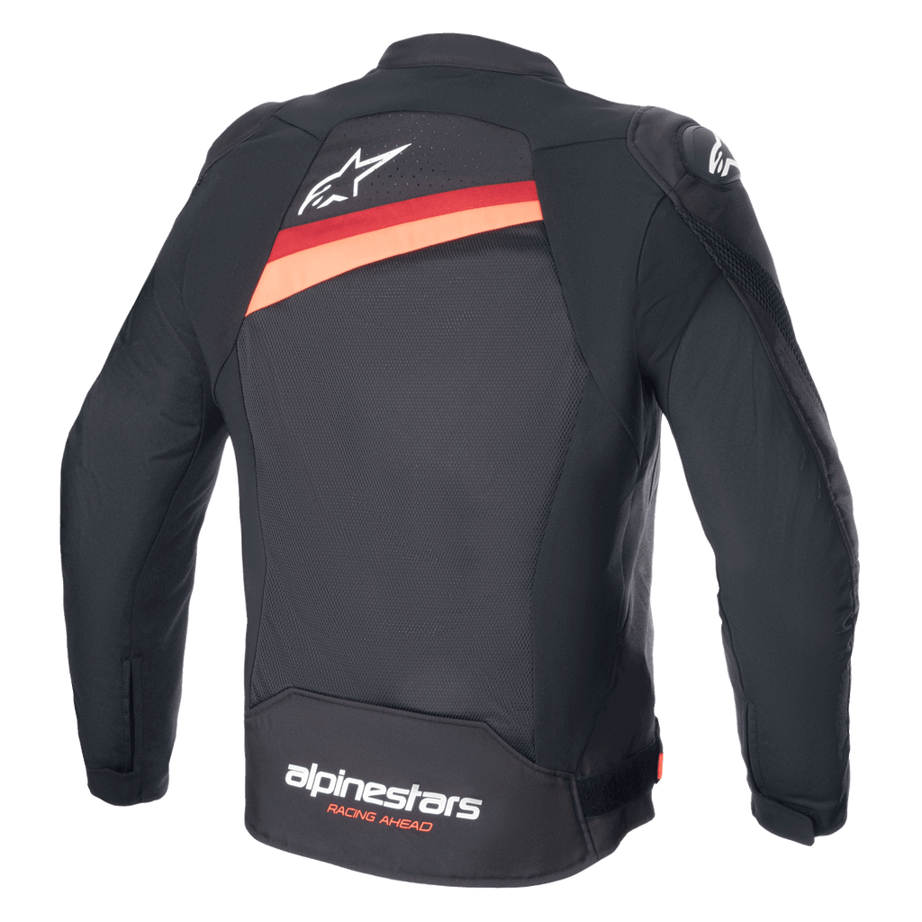 Alpinestars T-GP Plus R V4 Airflow Jacket, Black with Red Fluo, rear view of textile motorcycle jacket showing large mesh ventilation panels, white Astar logo on upper back, and 'alpinestars RACING AHEAD' branding on the lower back.