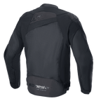 Alpinestars T-GP Plus R V4 Airflow Jacket, Black/Black, Rear View, featuring large mesh panel for maximum airflow, perforated upper back, subtle embossed logo, and Alpinestars Racing Ahead branding on the lower back, sport fit textile motorcycle jacket