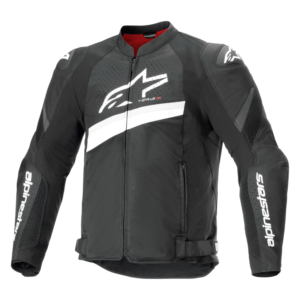 Alpinestars T-GP Plus R V4 Airflow Jacket, Textile Motorcycle Racing Jacket, Black and White, featuring a large white Astar logo on the chest, perforated mesh panels for ventilation, red interior lining, and DFS Lite shoulder protectors