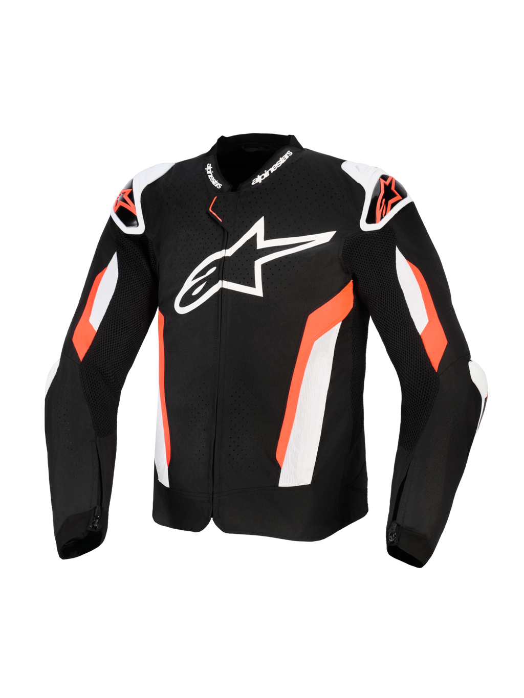 Blouson Alpinestars T-GP Air, blouson de moto en textile noir et rouge fluo, grand logo Alpinestars blanc sur la poitrine, avec panneaux en mesh perforés au laser pour la ventilation, sliders d'épaules externes et coupe sport pour une conduite sur route protectrice.