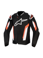 Blouson Alpinestars T-GP Air, blouson de moto en textile noir et rouge fluo, grand logo Alpinestars blanc sur la poitrine, avec panneaux en mesh perforés au laser pour la ventilation, sliders d'épaules externes et coupe sport pour une conduite sur route protectrice.