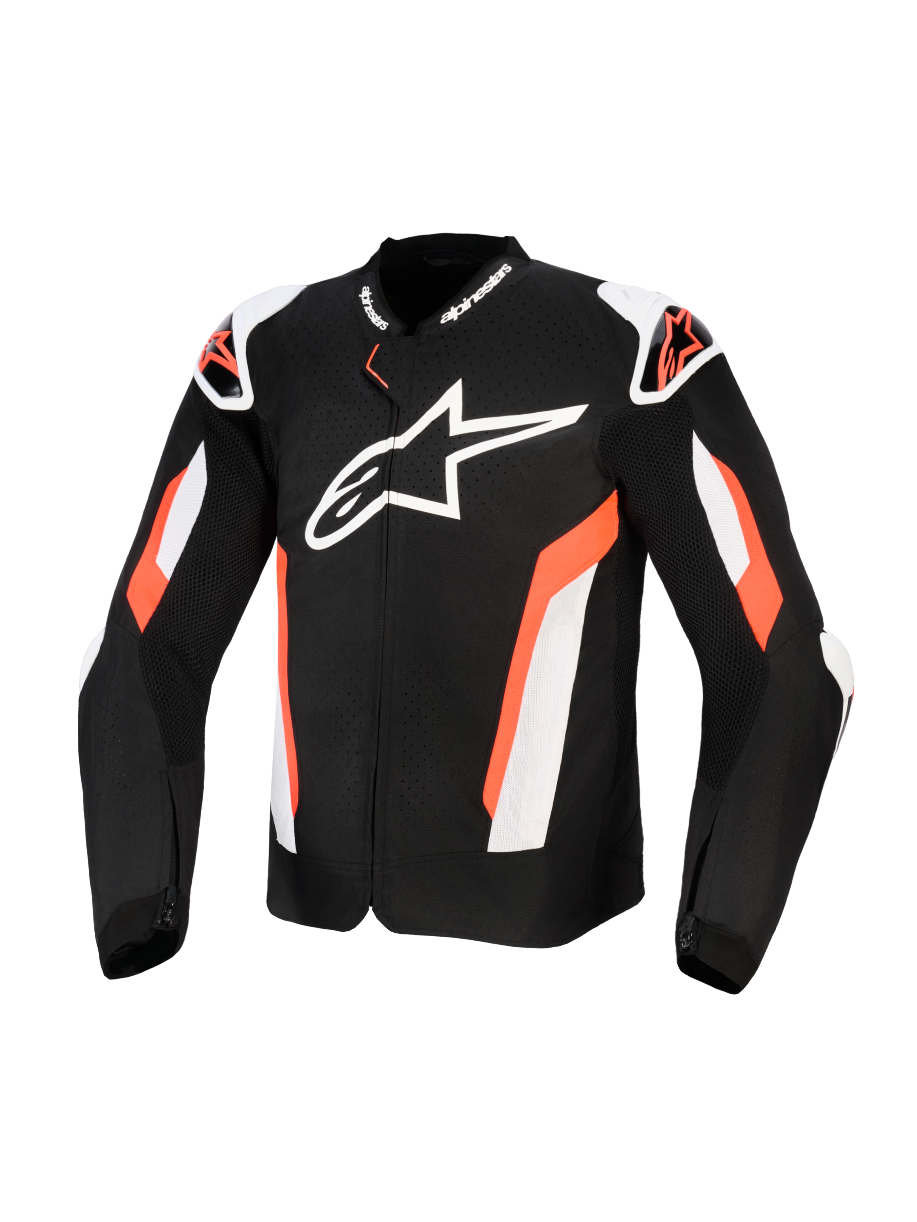 Blouson Alpinestars T-GP Air, blouson de moto en textile noir et rouge fluo, grand logo Alpinestars blanc sur la poitrine, avec panneaux en mesh perforés au laser pour la ventilation, sliders d'épaules externes et coupe sport pour une conduite sur route protectrice.