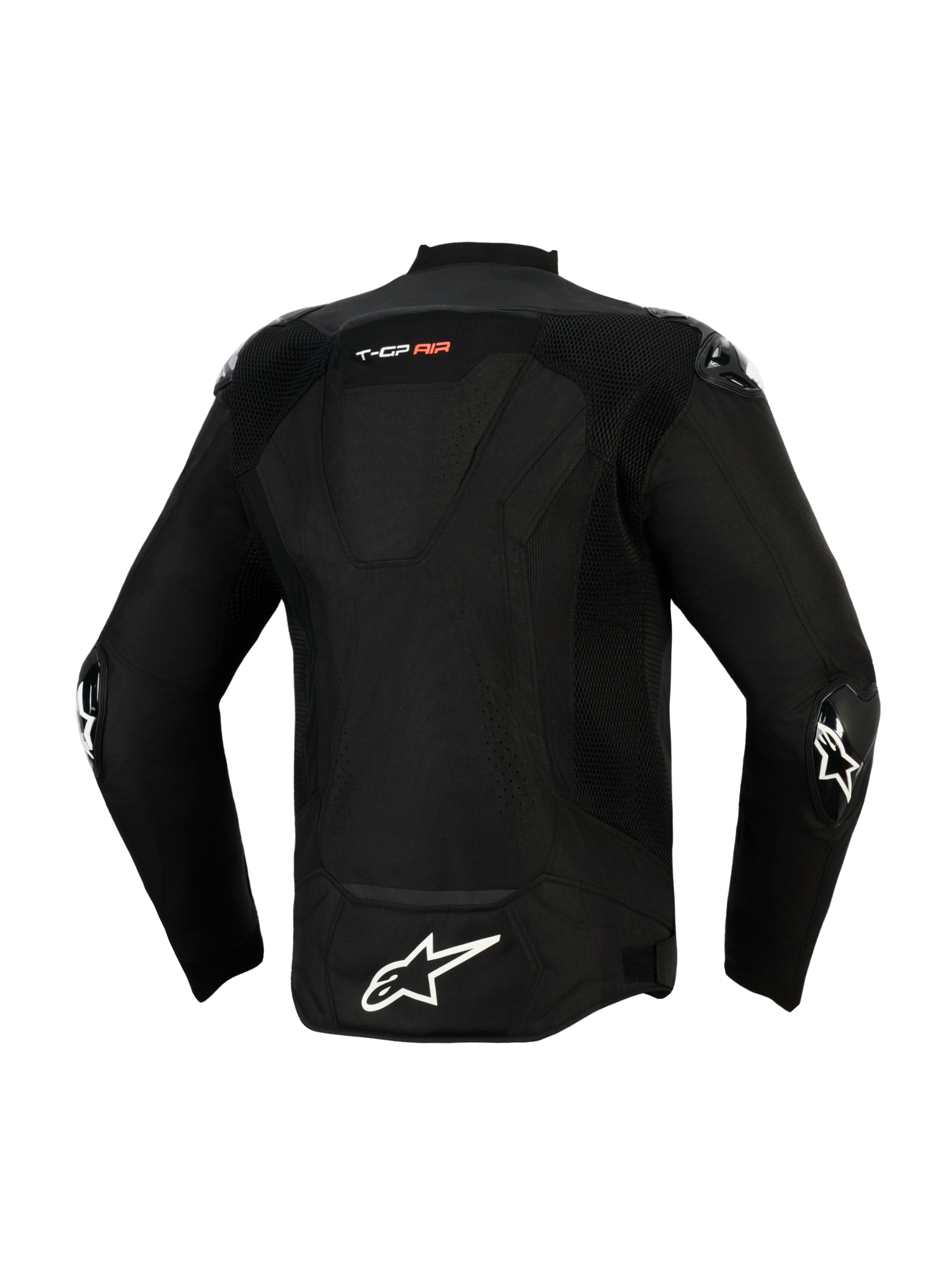 Veste Alpinestars T-GP Air, vue de dos, noire, avec un grand logo étoile blanc en bas du dos et le marquage « T-GP AIR », panneaux en mesh et perforations laser pour le flux d'air, et sliders extérieurs aux coudes, blouson de moto textile d'inspiration sportive