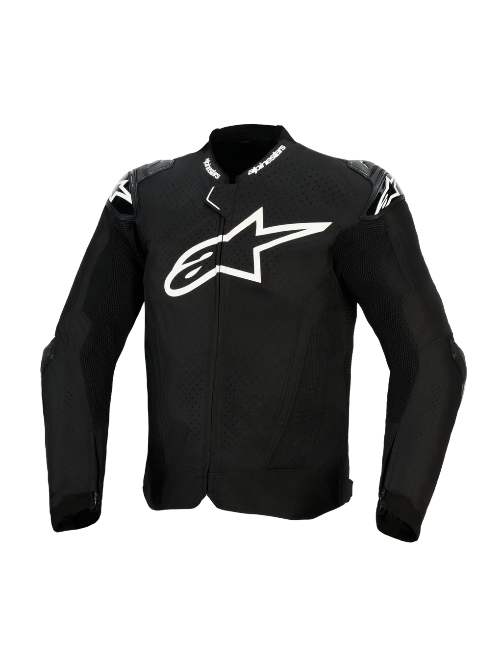 Blouson Alpinestars T-GP Air, blouson de moto en textile noir avec un grand logo blanc sur la poitrine, des panneaux de ventilation perforés au laser et des sliders d'épaules externes, vue de face