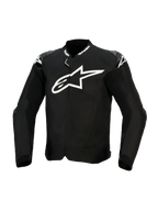 Blouson Alpinestars T-GP Air, blouson de moto en textile noir avec un grand logo blanc sur la poitrine, des panneaux de ventilation perforés au laser et des sliders d'épaules externes, vue de face