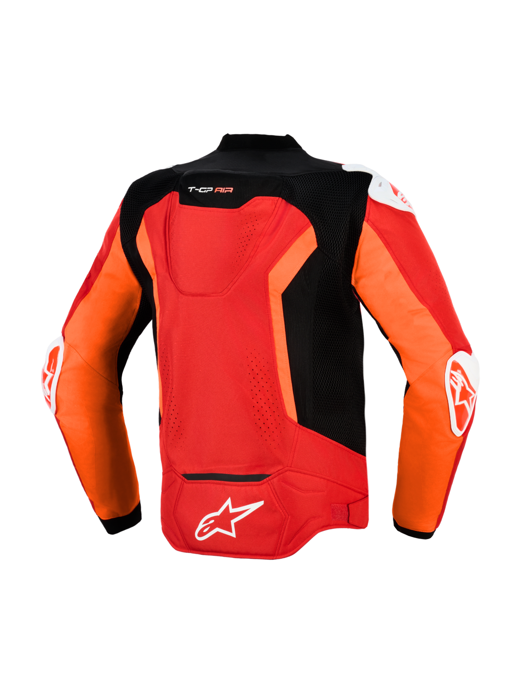 Blouson T-GP Air Alpinestars, vue arrière, rouge vif, rouge fluo et noir, blouson de moto sport en textile avec panneaux en maille perforée au laser, bosse aérodynamique Supertech R10, sliders DFS extérieurs aux épaules et aux coudes, et logo Alpinestars blanc dans le bas du dos.