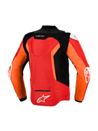 Blouson T-GP Air Alpinestars, vue arrière, rouge vif, rouge fluo et noir, blouson de moto sport en textile avec panneaux en maille perforée au laser, bosse aérodynamique Supertech R10, sliders DFS extérieurs aux épaules et aux coudes, et logo Alpinestars blanc dans le bas du dos.