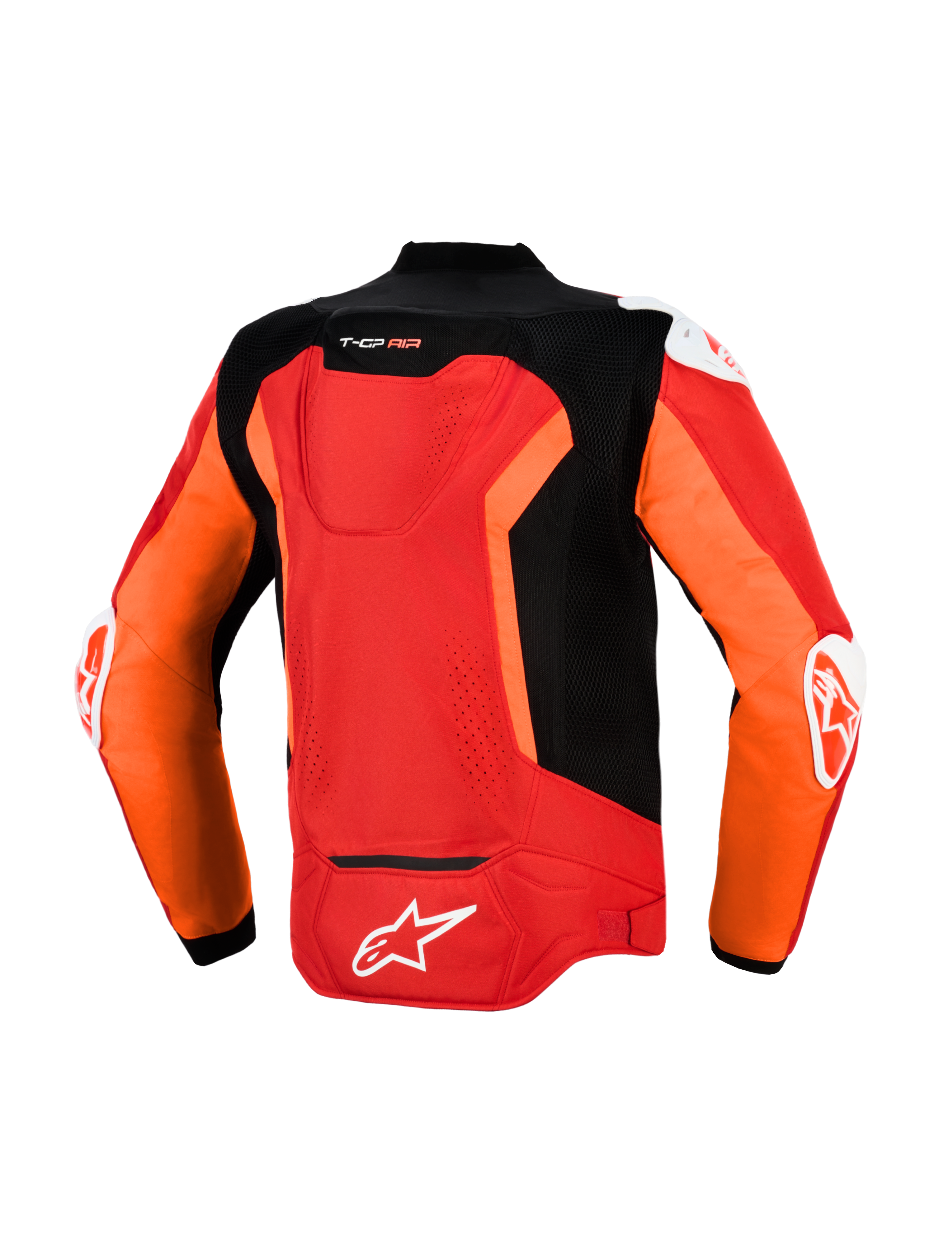 Blouson T-GP Air Alpinestars, vue arrière, rouge vif, rouge fluo et noir, blouson de moto sport en textile avec panneaux en maille perforée au laser, bosse aérodynamique Supertech R10, sliders DFS extérieurs aux épaules et aux coudes, et logo Alpinestars blanc dans le bas du dos.