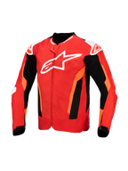 Alpinestars T-GP Air Jacket, veste de moto en textile, rouge vif et noir avec des touches de blanc, avec un grand logo blanc sur la poitrine, des panneaux avant perforés au laser et des sections en maille noire pour la ventilation, design à coupe sport