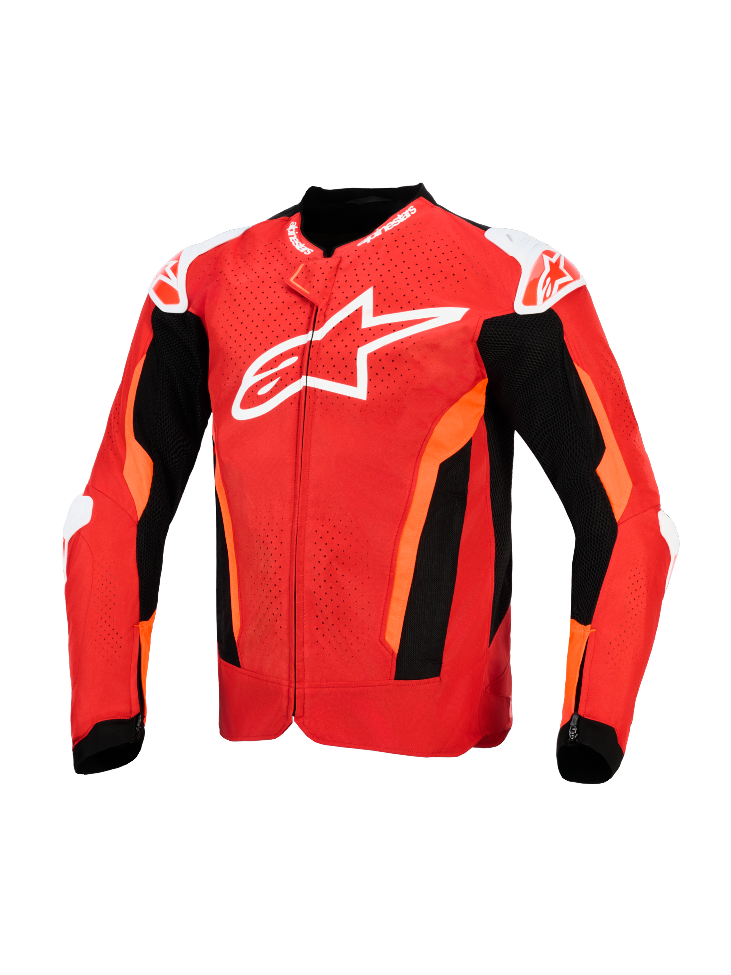Alpinestars T-GP Air Jacket, veste de moto en textile, rouge vif et noir avec des touches de blanc, avec un grand logo blanc sur la poitrine, des panneaux avant perforés au laser et des sections en maille noire pour la ventilation, design à coupe sport