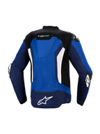 Blouson Alpinestars T-GP Air, vue arrière, bleu vif, bleu marine et blanc, veste de moto sport en textile dotée d'une bosse aérodynamique intégrée, de panneaux de ventilation en mesh, d'accents verticaux blancs et du logo Astars blanc à l'arrière, conçu pour une conduite haute performance
