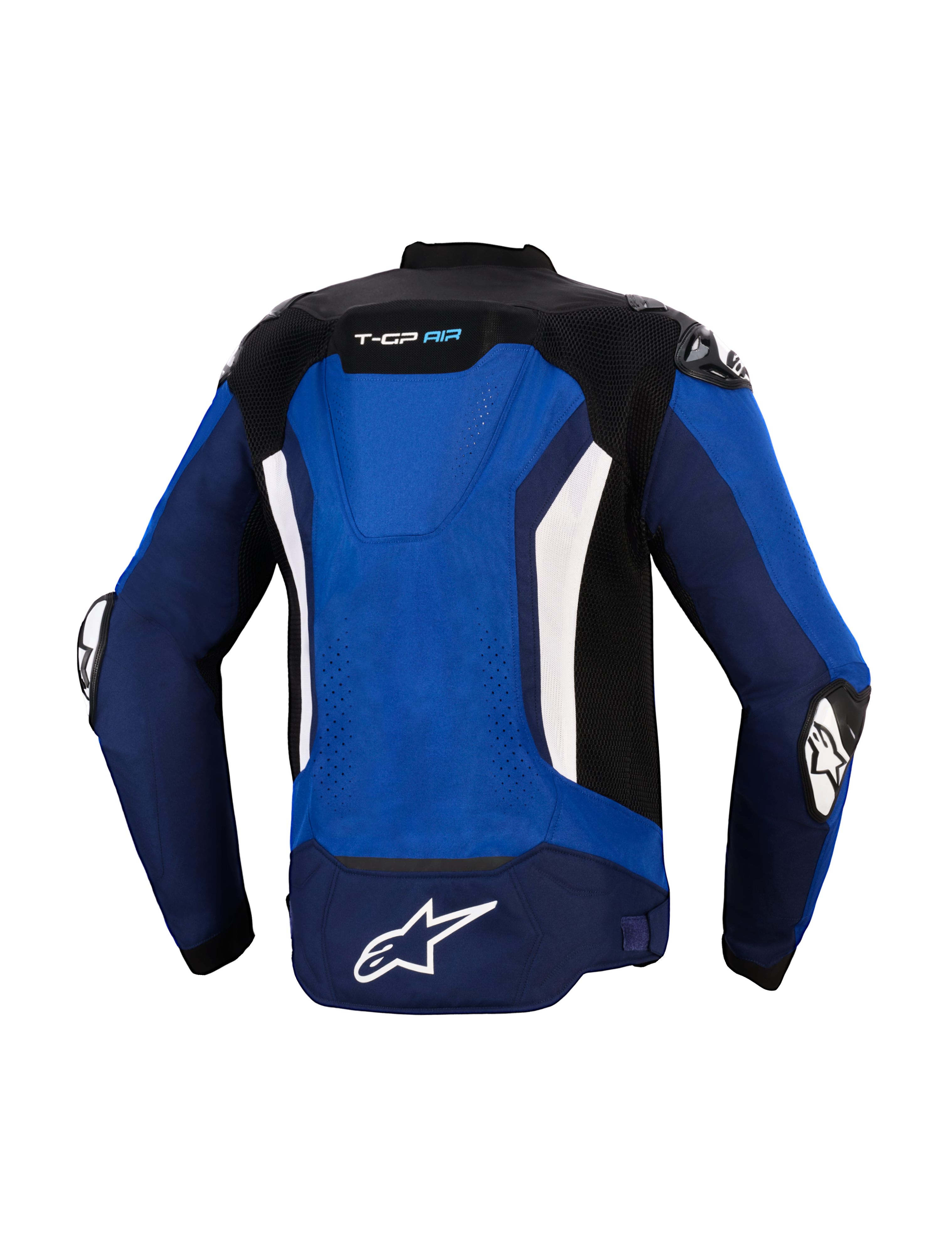 Blouson Alpinestars T-GP Air, vue arrière, bleu vif, bleu marine et blanc, veste de moto sport en textile dotée d'une bosse aérodynamique intégrée, de panneaux de ventilation en mesh, d'accents verticaux blancs et du logo Astars blanc à l'arrière, conçu pour une conduite haute performance