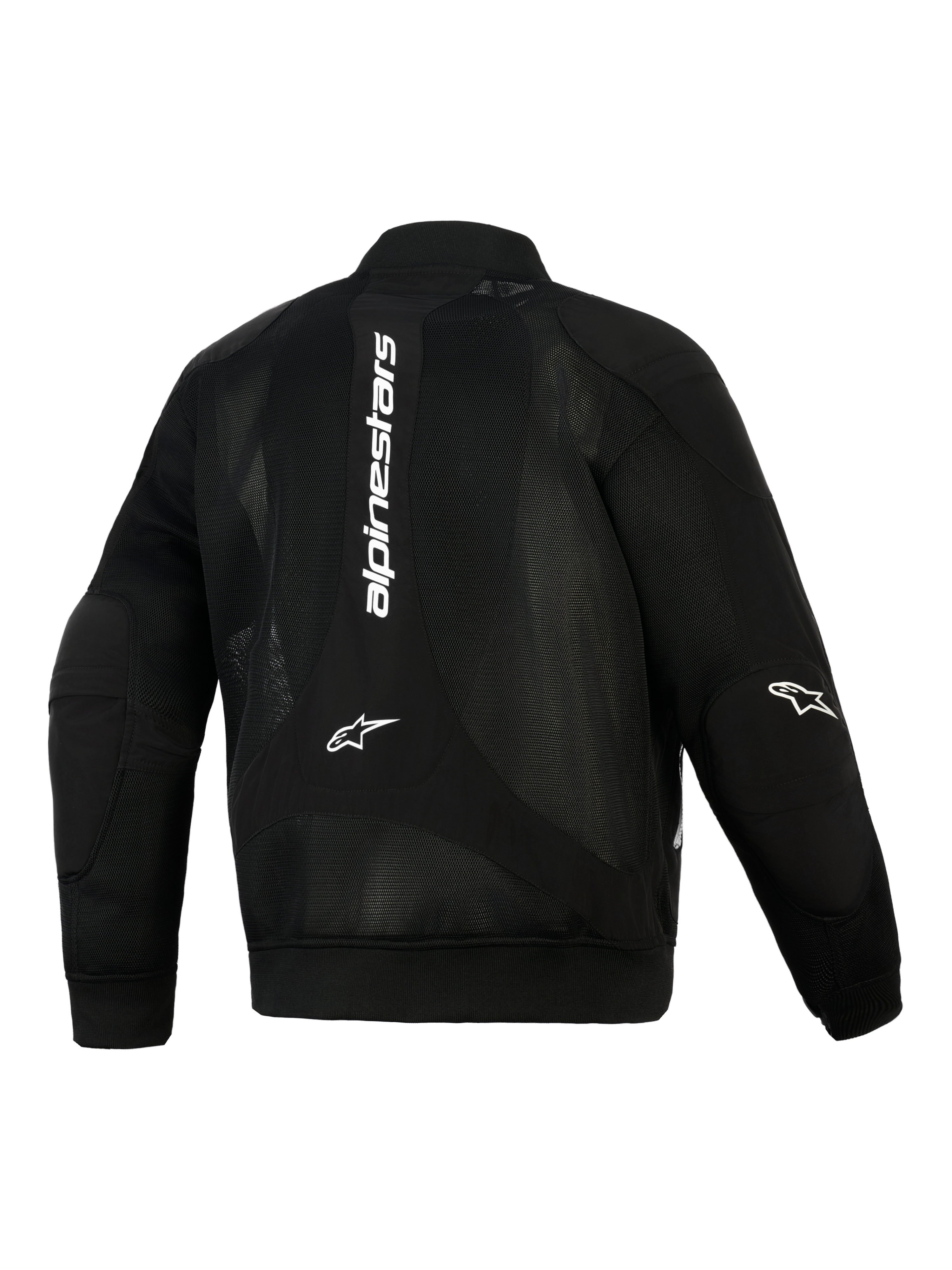 Veste Alpinestars Flight Air, noire, vue arrière, veste de moto urbaine style bomber dotée de larges panneaux en maille 3D, marquage vertical blanc dans le dos, logos Astar sur les coudes, poignets et ourlet en tricot côtelé extensible.