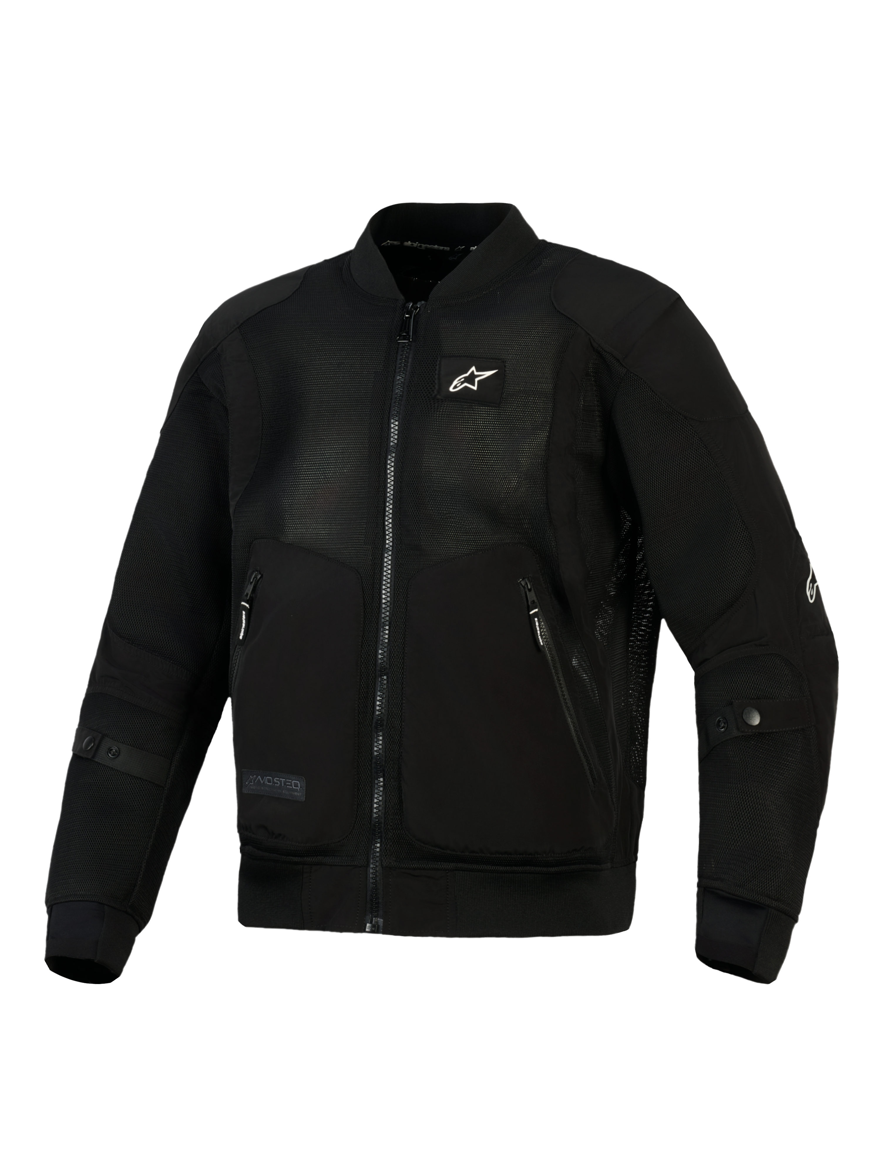 Veste Alpinestars Flight Air noire, veste de moto urbaine de style bomber avec panneaux en maille 3D ultra-ventilée, renforts en poly-tissu, petit logo blanc sur la poitrine, col et poignets côtelés extensibles.