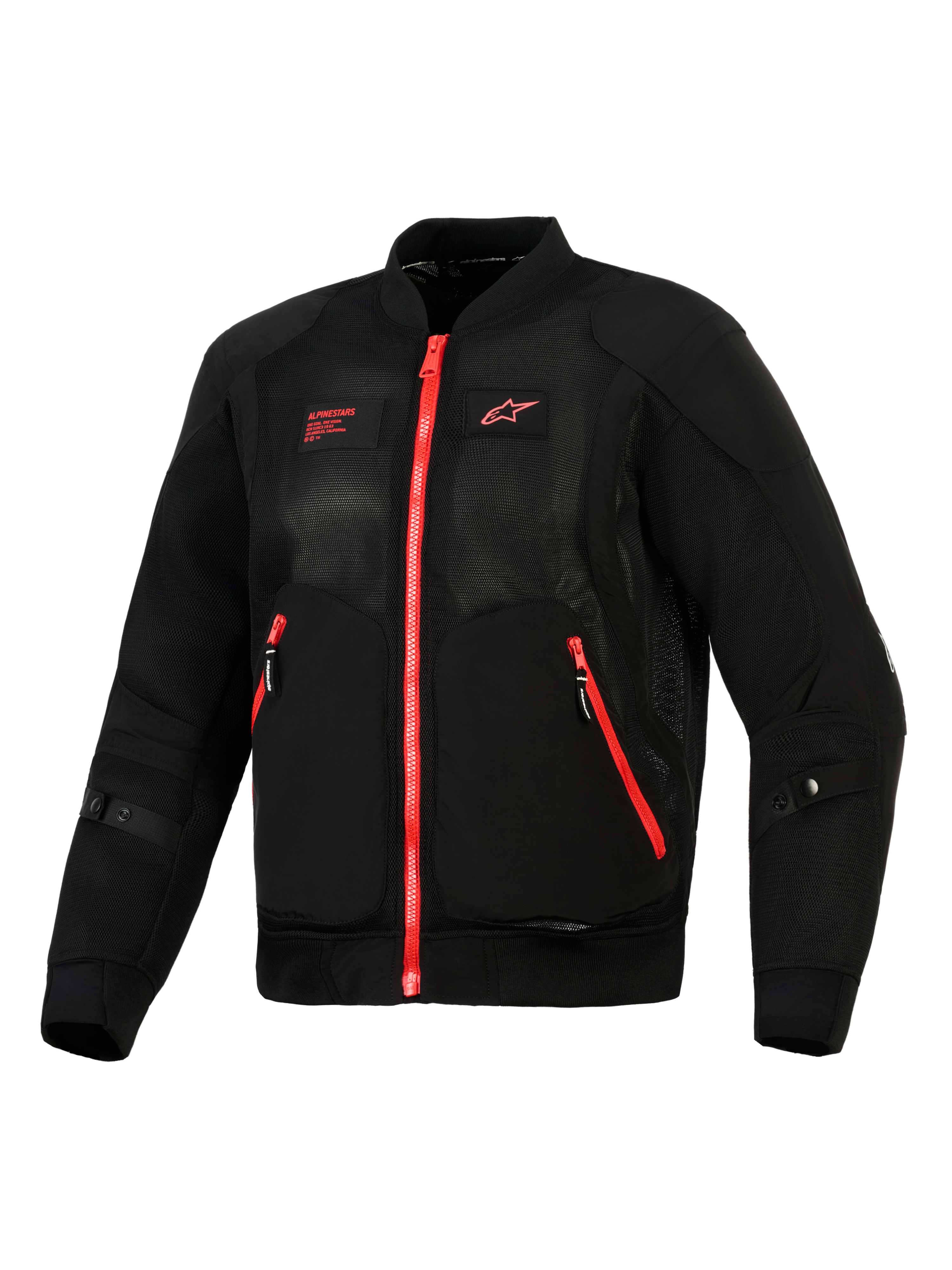 Alpinestars Flight Air Jacket, Black Bright Red, front view of a lightweight bomber-style motorcycle jacket featuring 3D mesh panels, contrasting red zippers, and red Alpinestars branding on the chest.