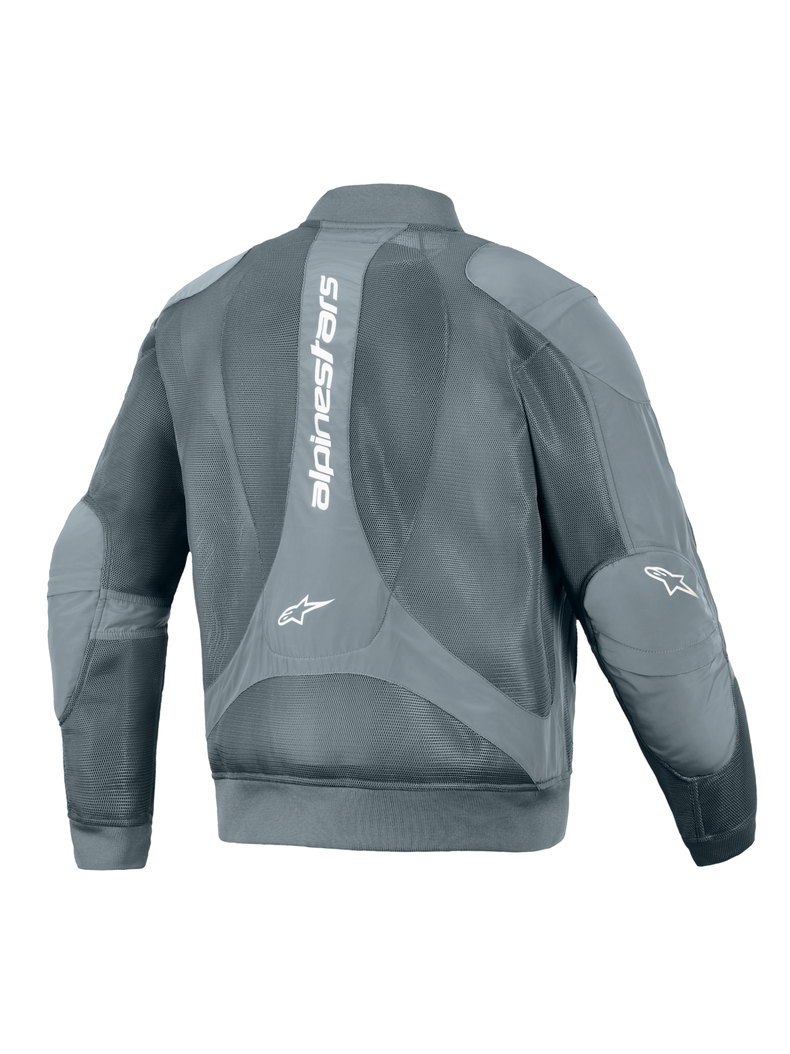 Alpinestars Flight Air Jacket, Urban Motorcycle Jacket, Storm Gray, back view featuring a large vertical white Alpinestars logo, extensive 3D mesh panels for airflow, and bomber-style ribbed waist and cuffs