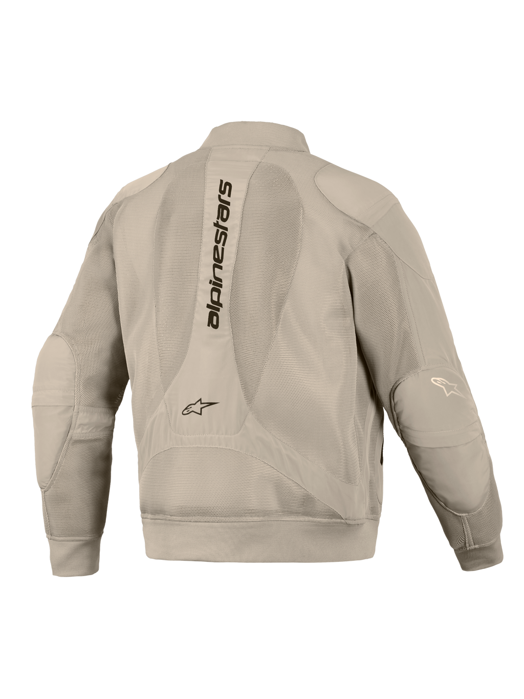 Veste Alpinestars Flight Air en Aluminum, vue de dos, dotée de larges panneaux en maille 3D pour la ventilation, logo Alpinestars vertical sur le dos, poignets et ourlet côtelés, silhouette style bomber moderne pour la conduite moto urbaine