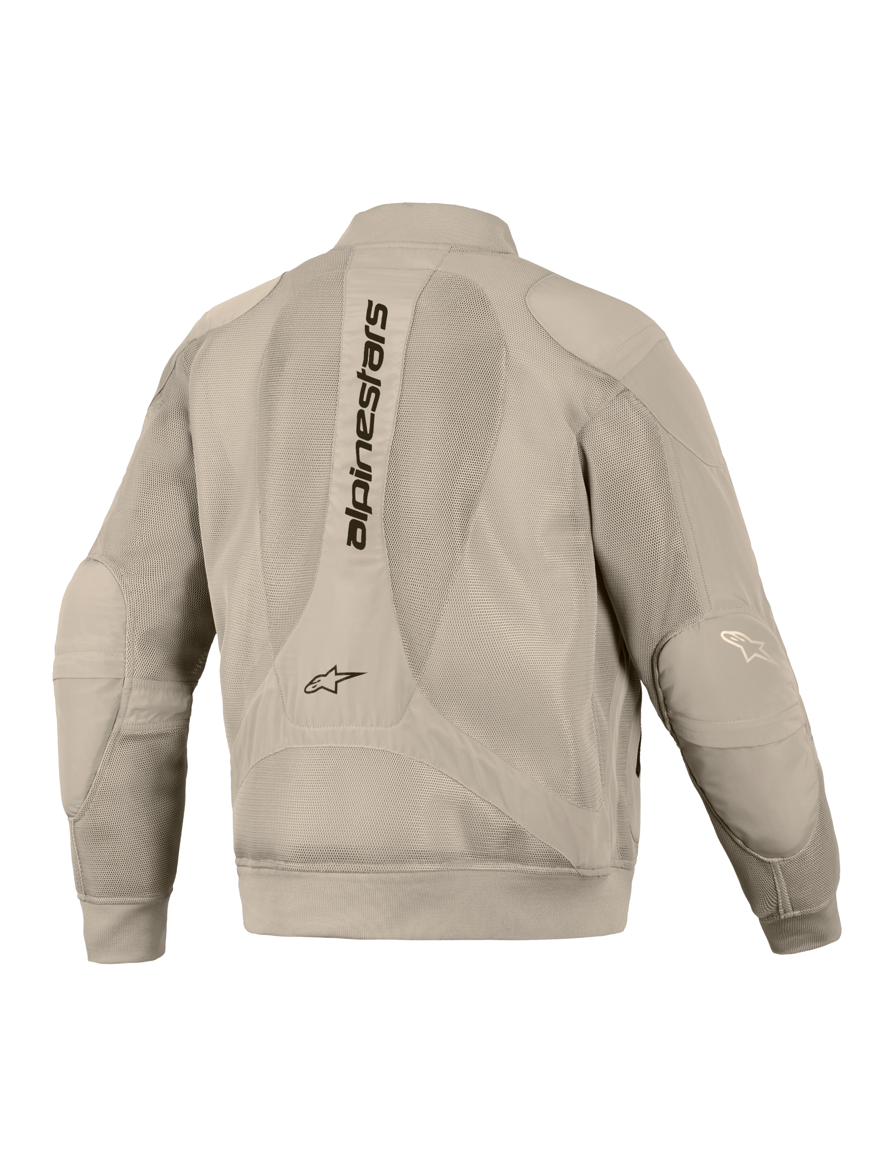 Veste Alpinestars Flight Air en Aluminum, vue de dos, dotée de larges panneaux en maille 3D pour la ventilation, logo Alpinestars vertical sur le dos, poignets et ourlet côtelés, silhouette style bomber moderne pour la conduite moto urbaine