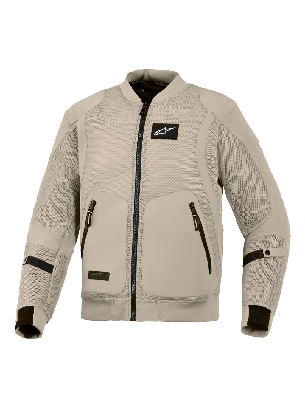 Veste Alpinestars Flight Air, veste de moto gris aluminium, équipement de conduite urbaine de style bomber avec panneaux en maille 3D pour une circulation d'air maximale, logo Alpinestars noir sur la poitrine et deux poches avant zippées.