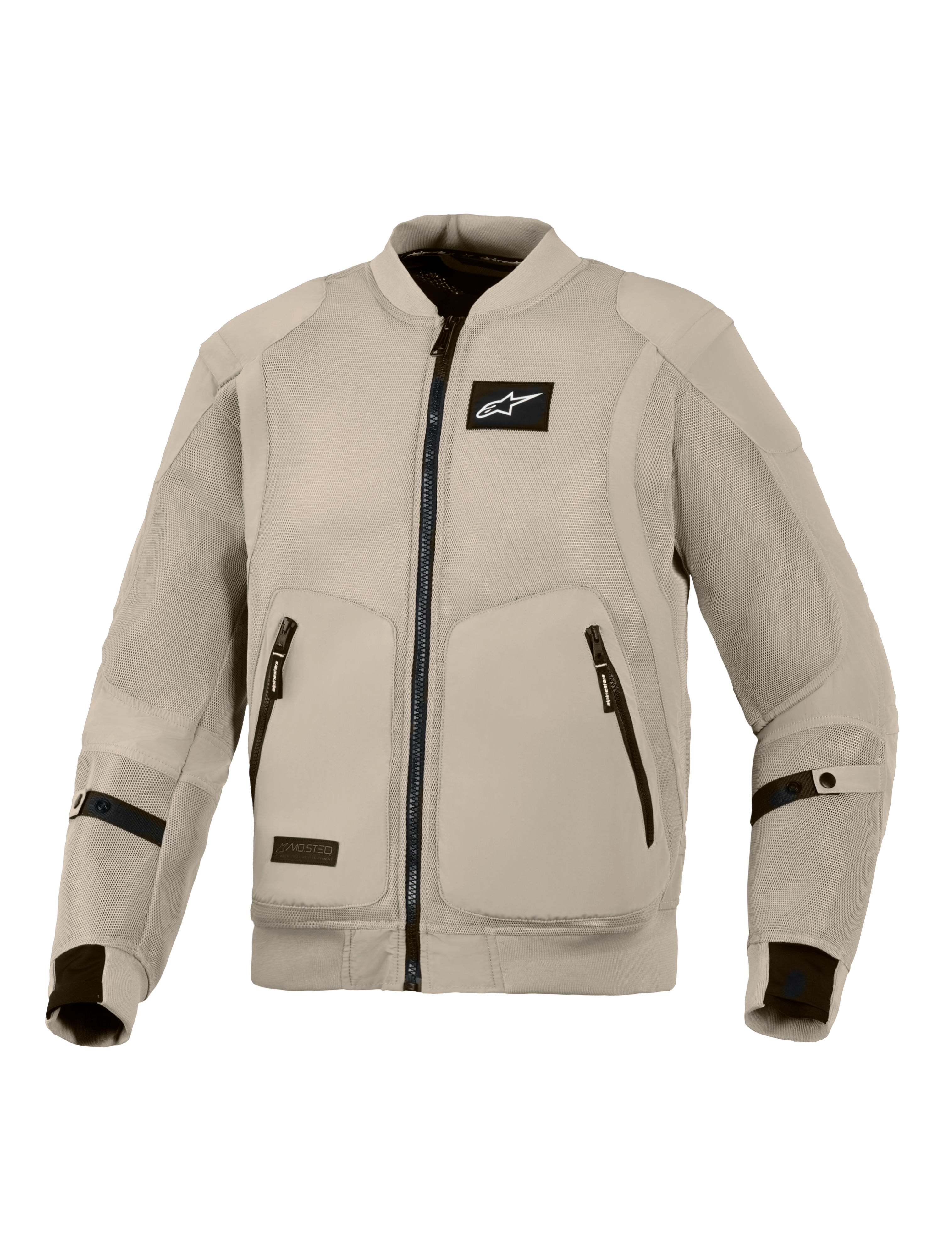 Veste Alpinestars Flight Air, veste de moto gris aluminium, équipement de conduite urbaine de style bomber avec panneaux en maille 3D pour une circulation d'air maximale, logo Alpinestars noir sur la poitrine et deux poches avant zippées.