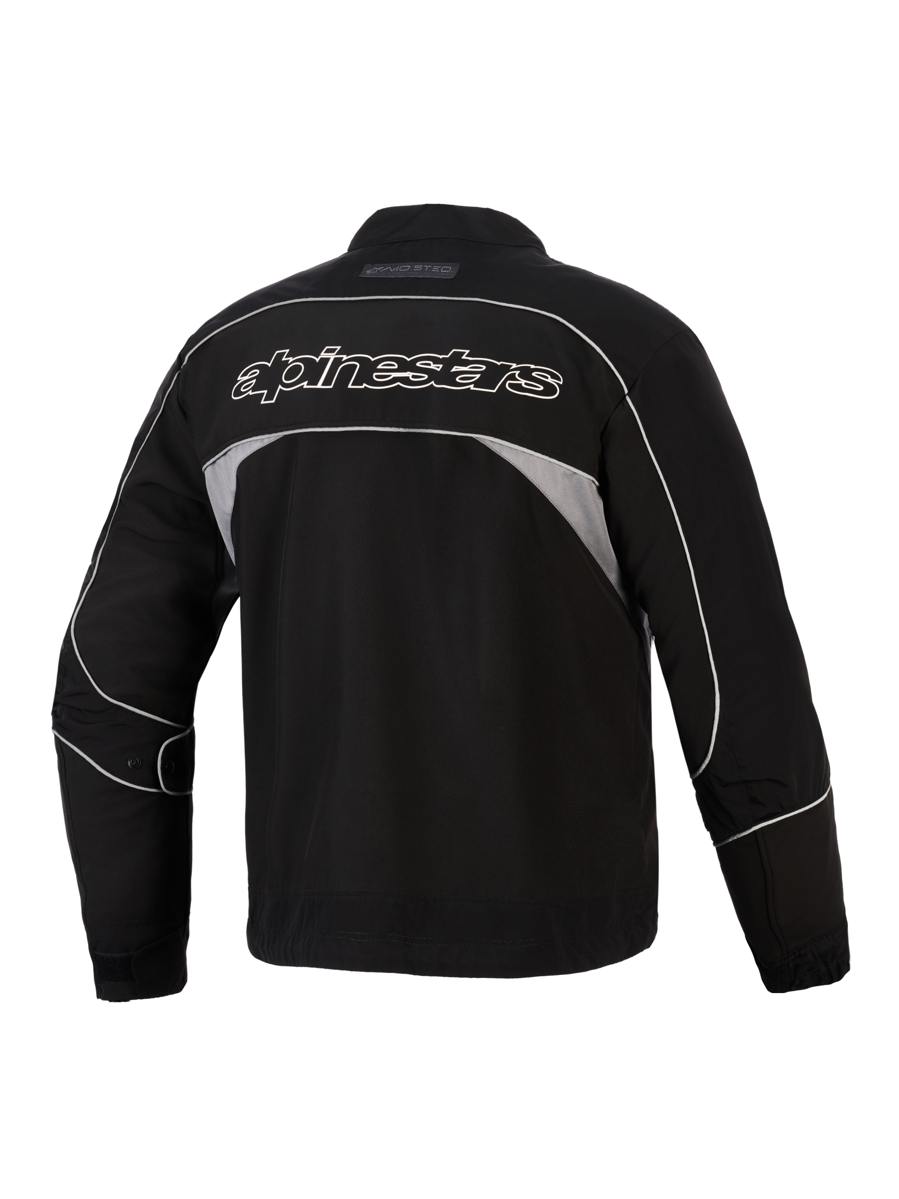 Veste Alpinestars Unite, vue arrière, noire avec panneaux réfléchissants gris foncé, logo Alpinestars à contour blanc dans le dos, veste de moto urbaine en softshell au design minimaliste