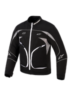 Veste Alpinestars Unite, veste de moto, noir et gris foncé, dotée d'une fermeture éclair avant blanche, de panneaux gris réfléchissants et de liserés blancs, logo Alpinestars sur le col et les manches, design urbain minimaliste
