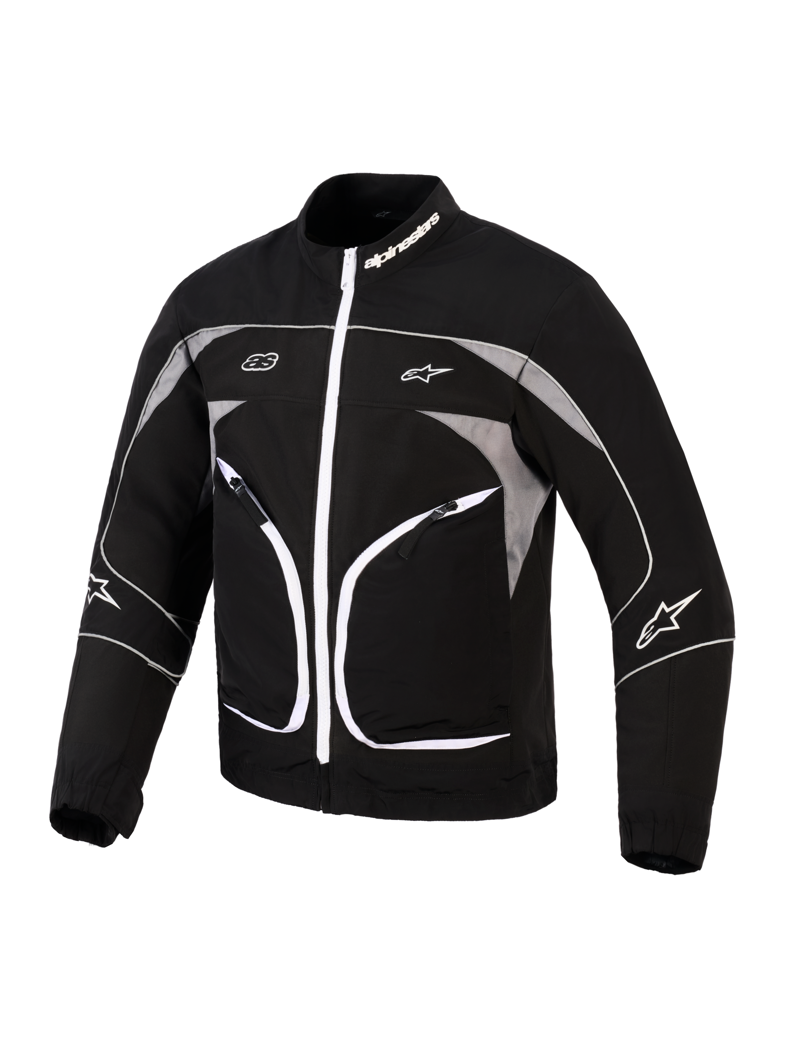 Veste Alpinestars Unite, veste de moto, noir et gris foncé, dotée d'une fermeture éclair avant blanche, de panneaux gris réfléchissants et de liserés blancs, logo Alpinestars sur le col et les manches, design urbain minimaliste