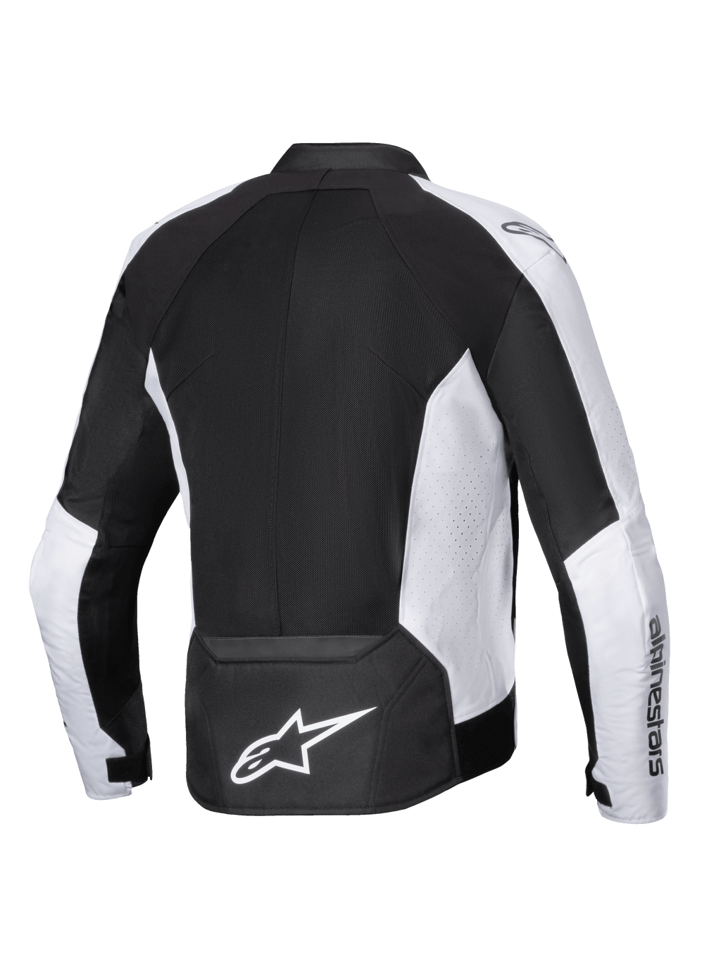 Veste Alpinestars Viper Air V4, veste de moto, noir et blanc, vue arrière avec de larges panneaux en maille technique pour le flux d'air, panneaux latéraux perforés blancs, logo Astar blanc imposant sur le bas du dos, construction textile pour la conduite par temps chaud