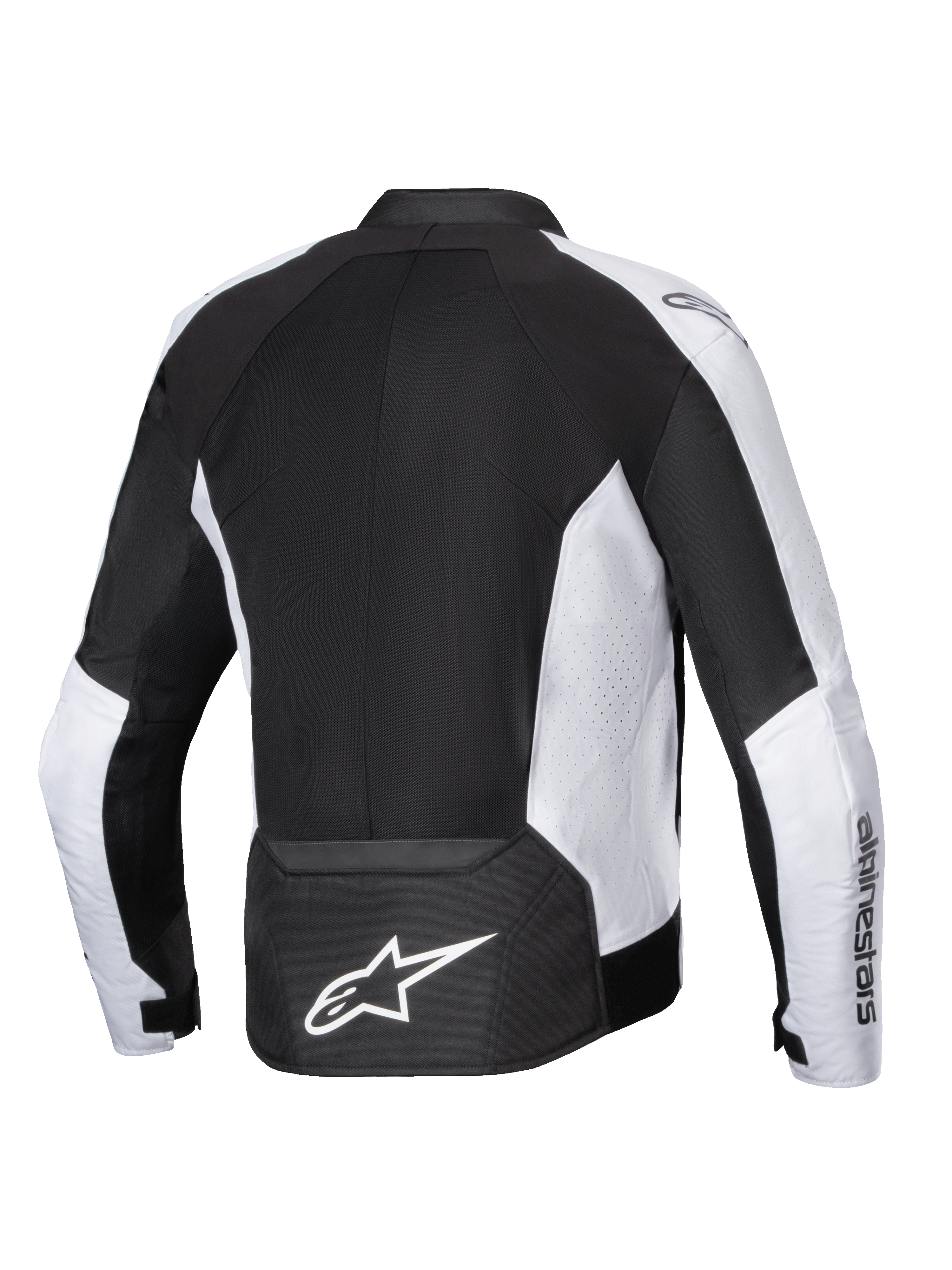 Veste Alpinestars Viper Air V4, veste de moto, noir et blanc, vue arrière avec de larges panneaux en maille technique pour le flux d'air, panneaux latéraux perforés blancs, logo Astar blanc imposant sur le bas du dos, construction textile pour la conduite par temps chaud