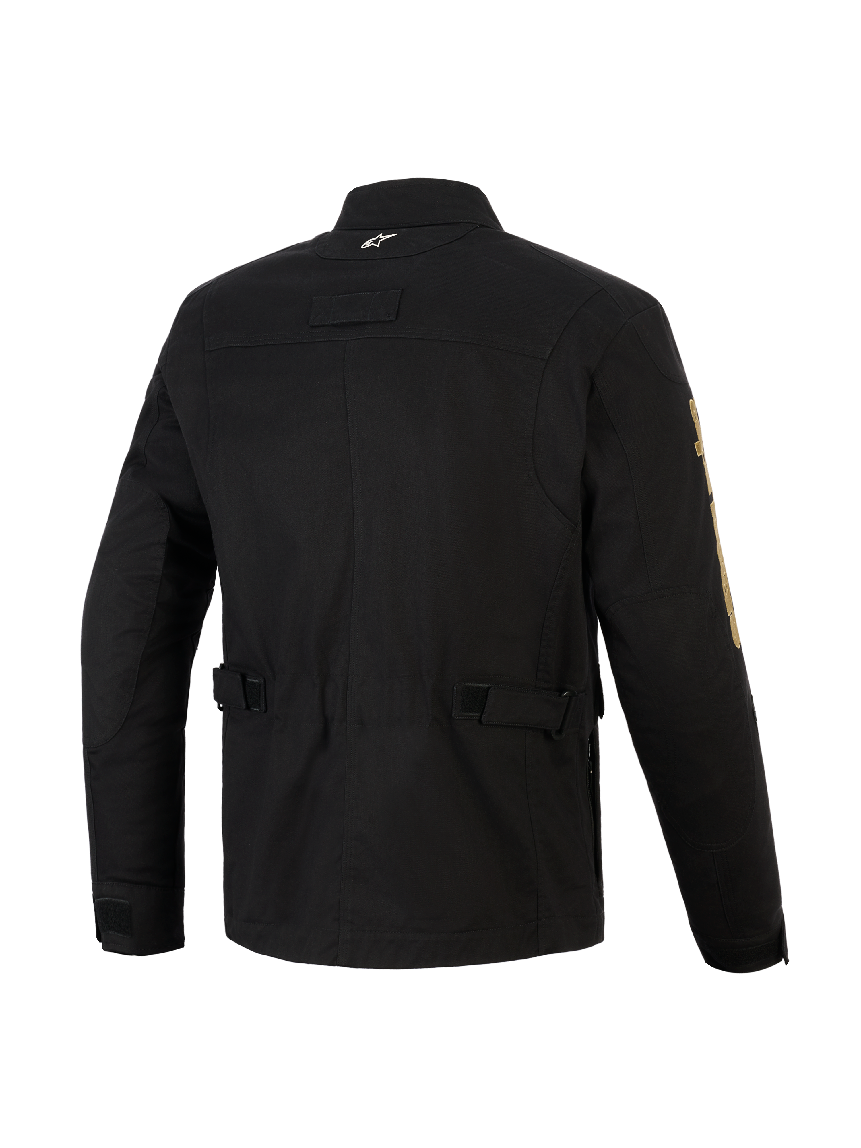 Alpinestars Dice Jacket, Black urban motorcycle jacket, back view showing waist adjustment straps and pleated shoulders, vintage field jacket aesthetic with modern textile construction, featuring a small white logo on the collar and gold branding on the sleeve.