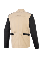 Alpinestars Dice Jacket, Urban Motorcycle Jacket, Aluminum Black, rear view showing tan polycotton body and black sleeves, featuring waist adjustment straps, pleated shoulder panels, and workwear-inspired design